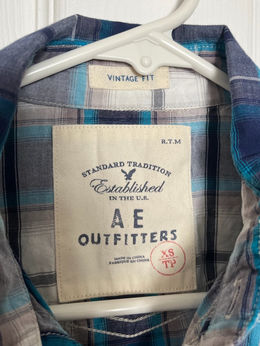 Men's XS Plaid Button-Down Shirt in Teal and Gray - American Eagle Vintage Fit - Picture 3 of 5